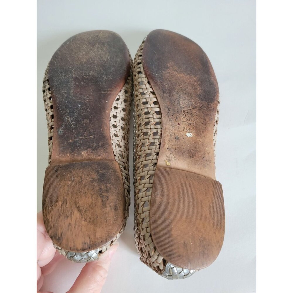 Tory Burch Logo Reva Scrunch Ballet Flat Woven Leather Beige Silver Slip On size - Picture 5 of 6